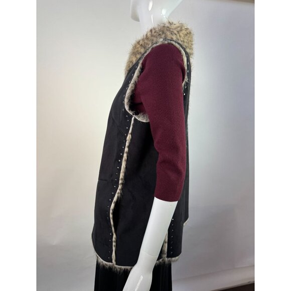 Dennis Basso Faux Fur Trimmed Studded Suede Vest Luxe Winter Layering Piece - Picture 10 of 16